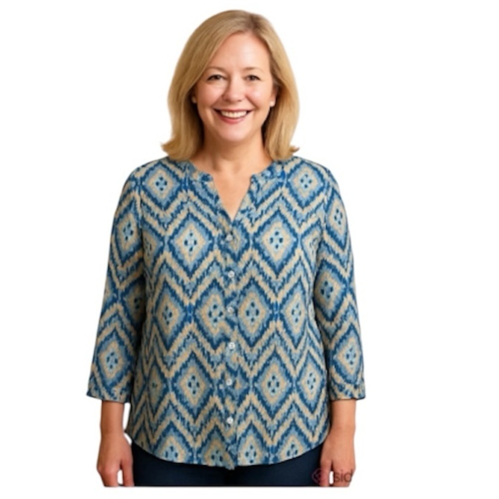 JM Collection 100% linen collarless Blue and Cream Patterned Blouse size 8